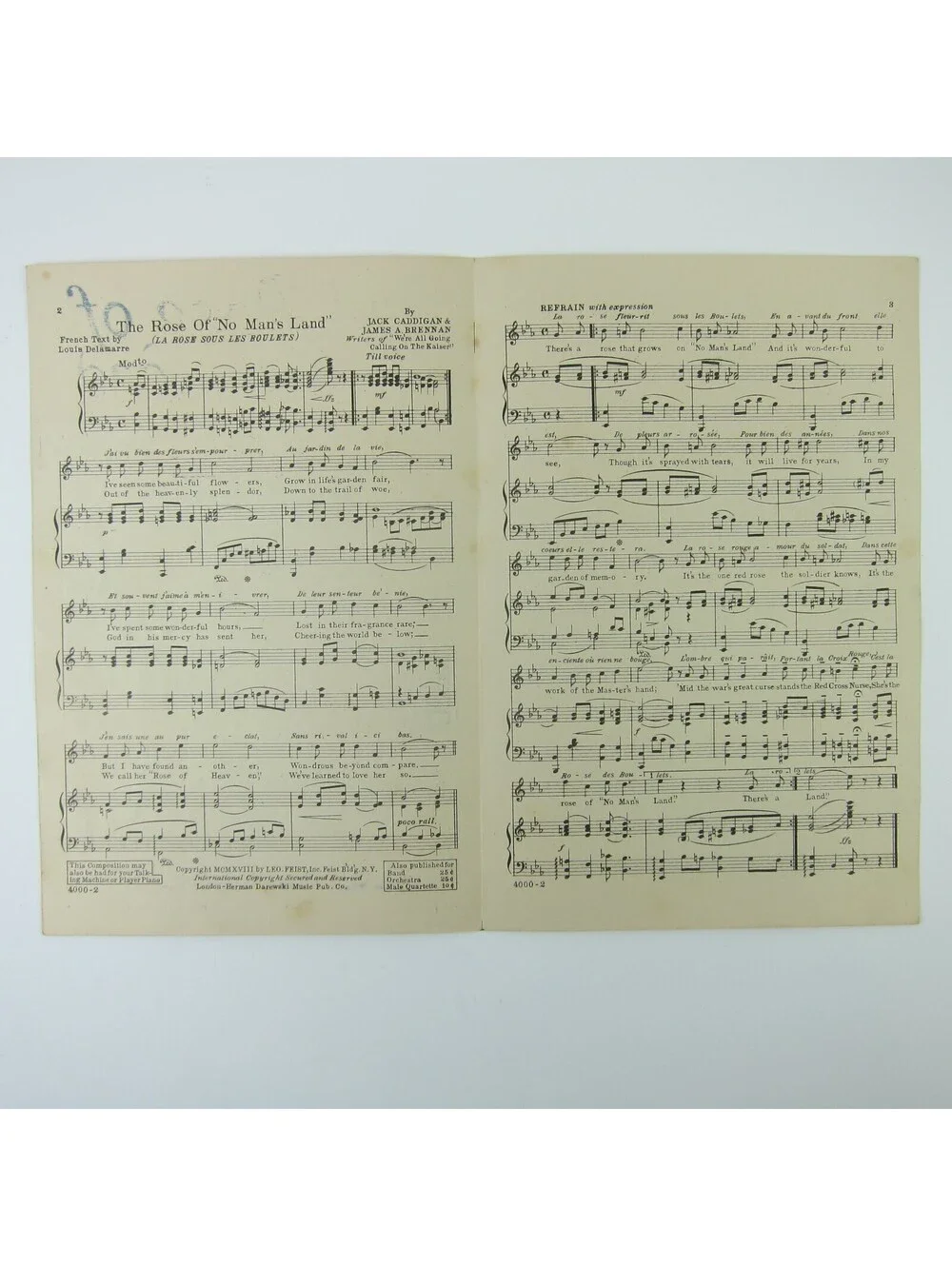 Sheet Music The Rose of No Mans Land Patriotic War Edition WWI Antique 1918